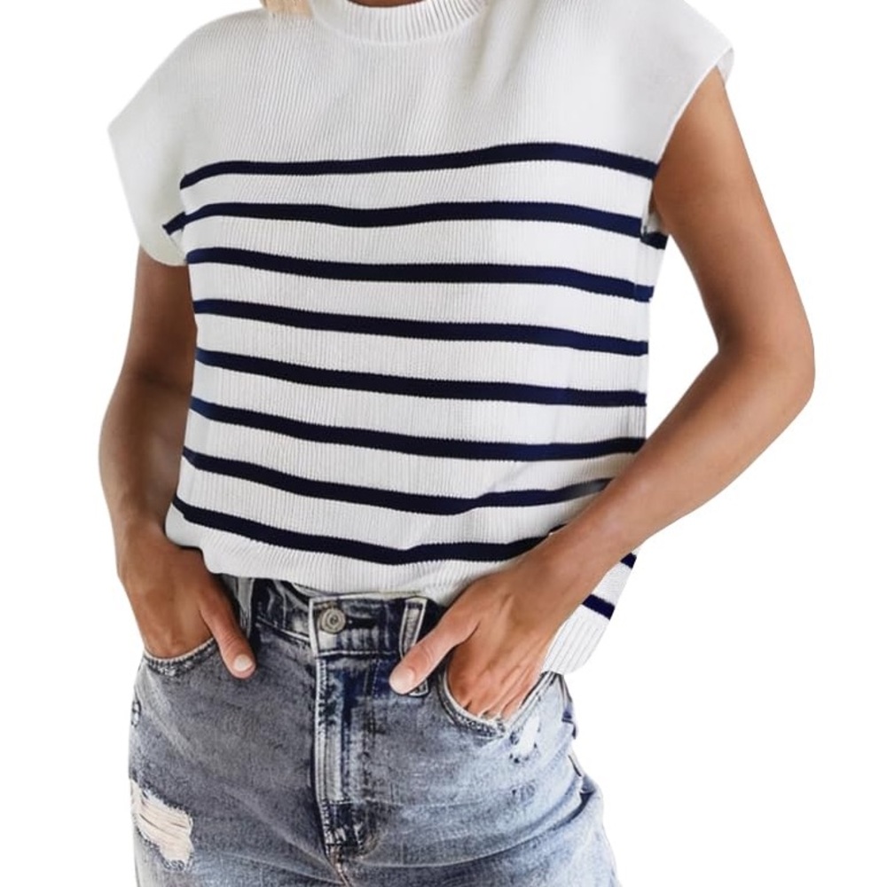 Navy Striped Sleeveless Knit Top
